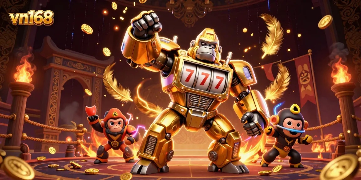 Experience the excitement of vn168 with a golden gorilla mech and dynamic gambling elements!