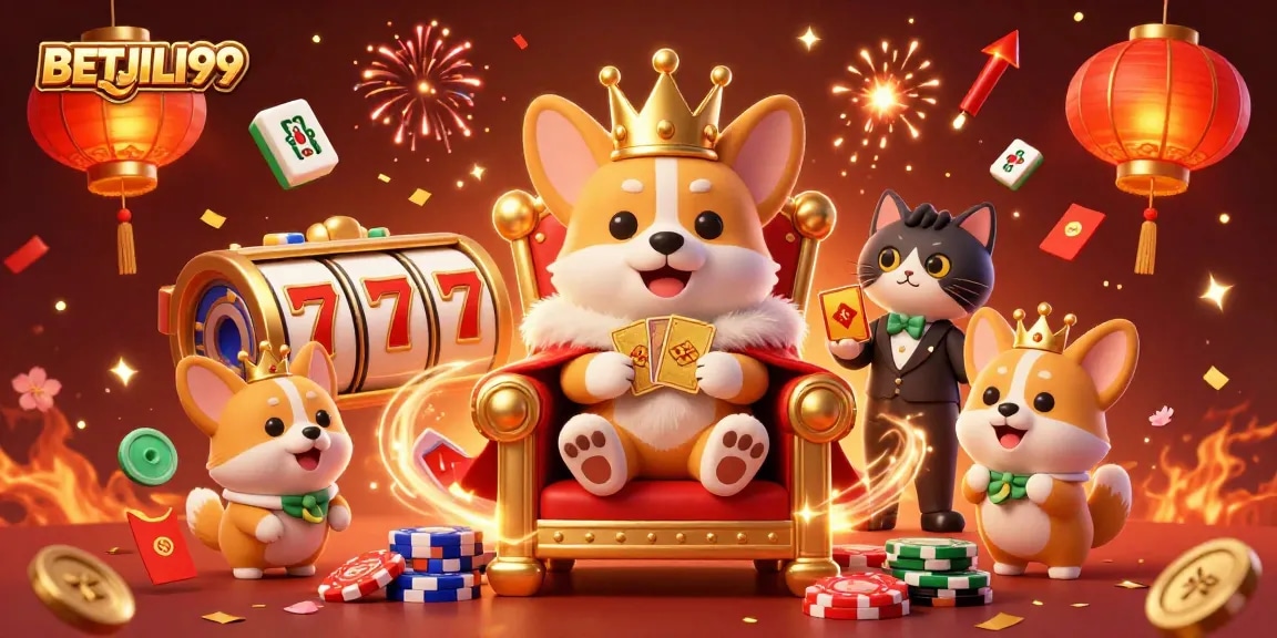Engage with BETJILI99 in a vibrant casino scene featuring royal corgis, slot reels, and festive elements.