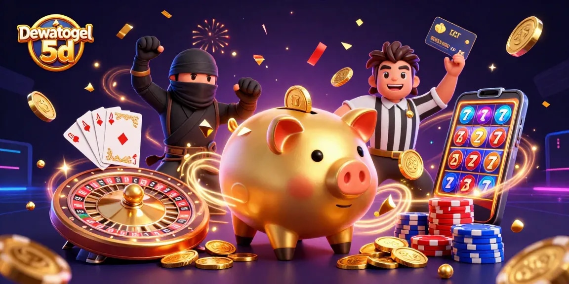 Spin to win with Dewatogel 5d's dynamic gaming scene featuring vibrant characters and rich casino elements.