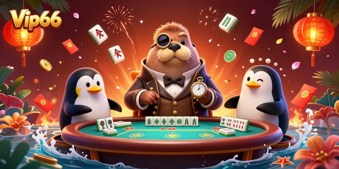 Experience thrilling gameplay in Vip66 as a jolly walrus interacts with a penguin dealer and a bluffing pufferfish at an underwater poker table.