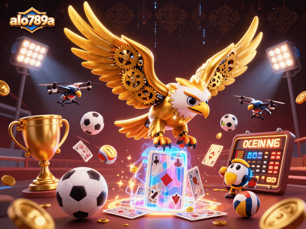 Alo789a showcases an exciting scene of a golden eagle diving through holographic cards, capturing the thrill of online betting.