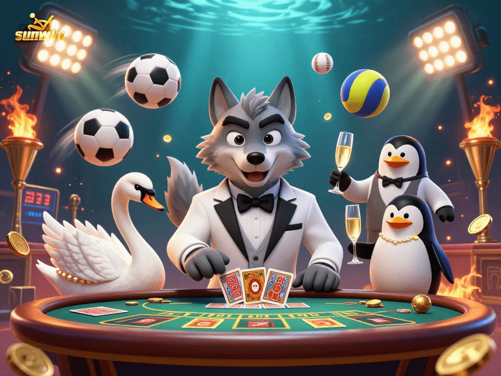 Win big at sunwin with a dynamic 3D casino scene featuring characters and game elements.