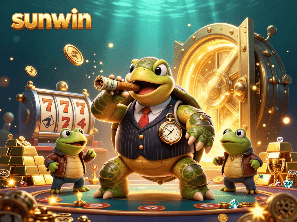 Win big with sunwin in a lively 3D casino scene featuring a mobster turtle and slot reels.