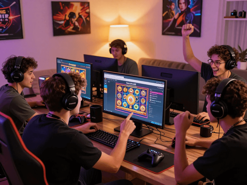 Gacor players enjoying online slots together in a lively gaming room.