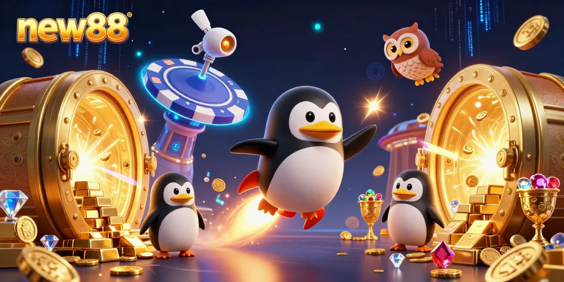 Experience the excitement of new88 with a golden penguin racing through casino space, surrounded by treasure and vibrant gems.