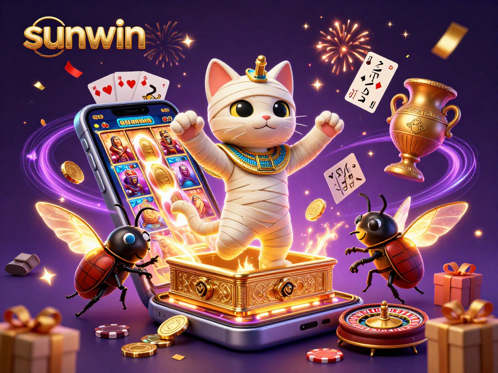 Sunwin's thrilling slots come alive with the mummy cat in a vibrant pyramid casino.