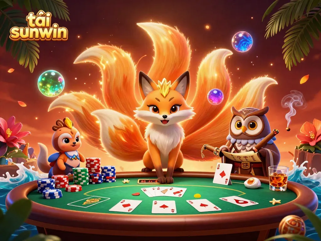 Join the excitement of tải sunwin with a vibrant 3D scene featuring a fox spirit and poker elements.