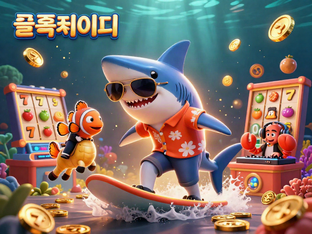Experience the thrill of 슬롯사이트 with dynamic characters surfing on gold coins in an exciting casino-themed scene.