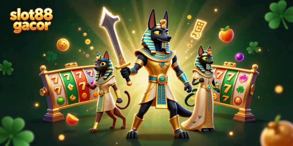 Melihat permainan slot88 gacor dengan karakter Anubis dan Bastet, simbol kemenangan berputar di sekitar mereka.