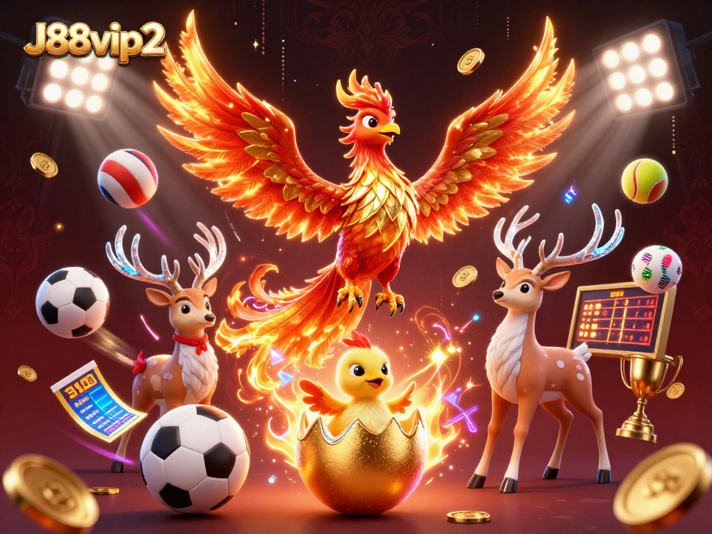 Engage in thrilling gameplay with J88vip2, featuring a vibrant illustration of a phoenix and crystal stag.