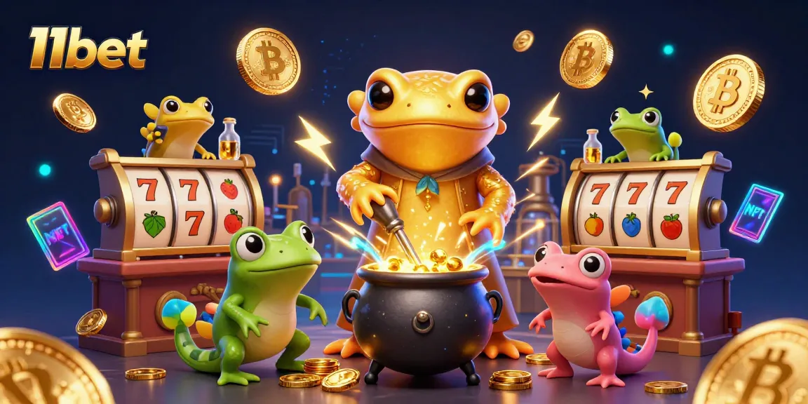 11bet showcases a vibrant casino scene with cartoon salamanders and gold coins amidst crypto elements.