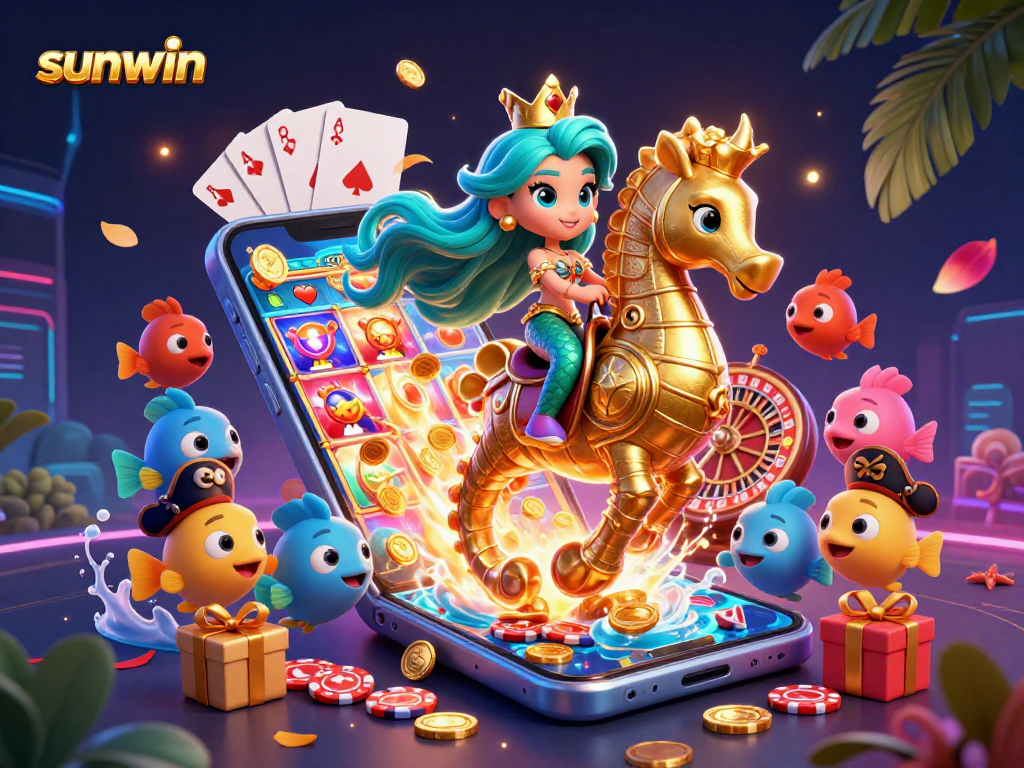 Engage with the vibrant sunwin casino scene featuring a mermaid and seahorse in a thrilling gaming environment.