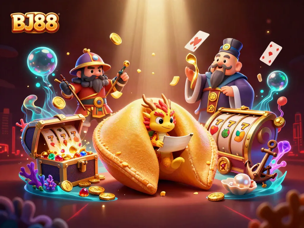 BJ88 spins fortune with a golden cookie dragon amidst dynamic slot reels and treasures.