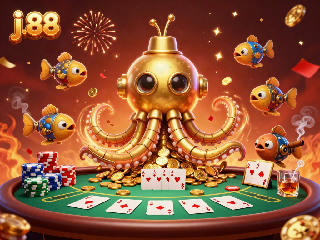 Experience the thrill of j.88 with a golden kraken submarine amidst poker excitement and treasure.