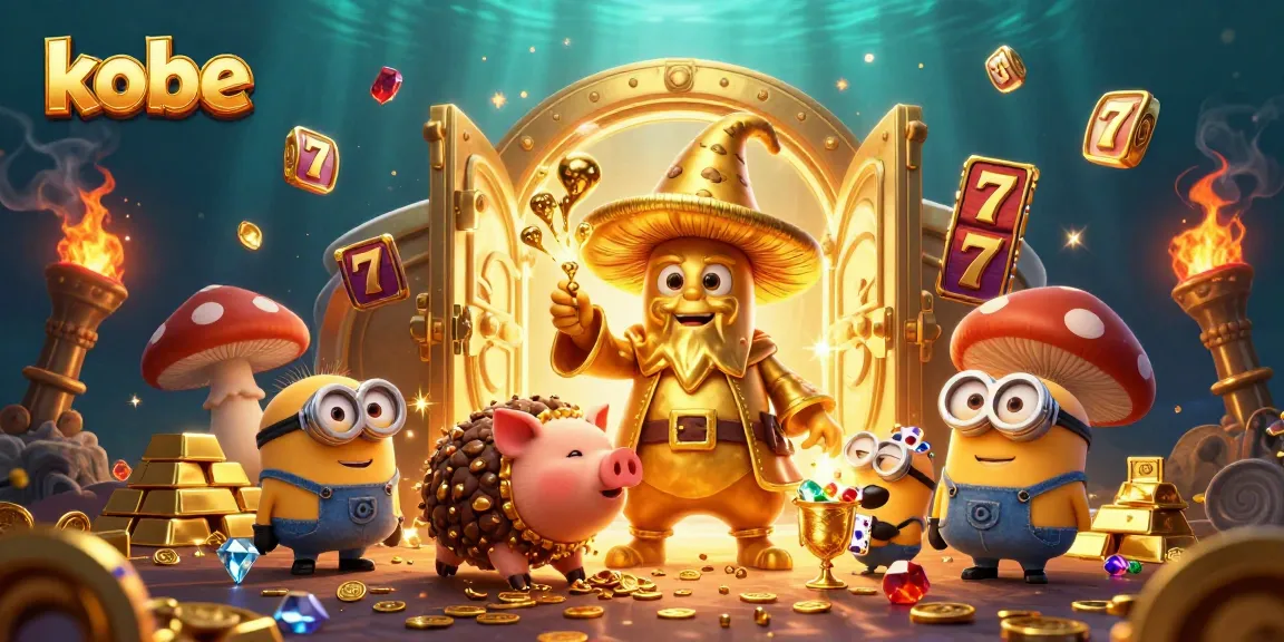 Kobe's magical golden treasure scene with slot reels, jackpots, and vibrant gems for online casino excitement