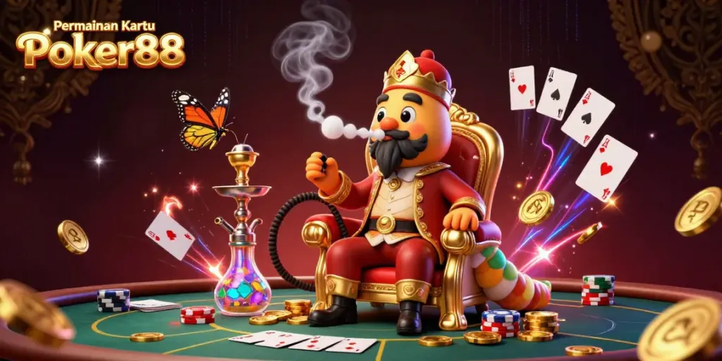 Engage with Permainan Kartu Poker88 through our dynamic, vibrant illustration of poker action and whimsical characters.