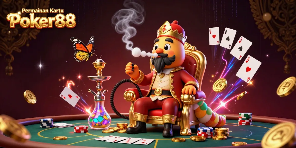 Engage with Permainan Kartu Poker88 through our dynamic, vibrant illustration of poker action and whimsical characters.