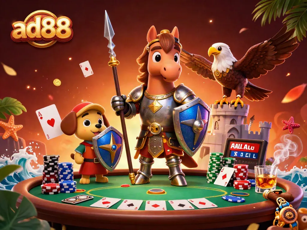 Win big at ad88 with a colorful poker scene featuring knights and magical creatures.