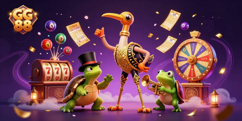 Experience thrilling gaming with GG 88 at a vibrant online casino scene featuring lively characters and game elements.
