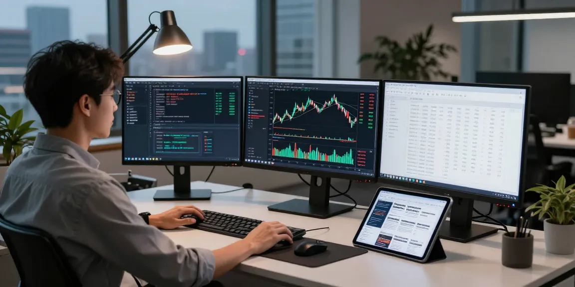 实时中概股报价API数据监控技术工作站，开发者沉浸在金融科技环境中。