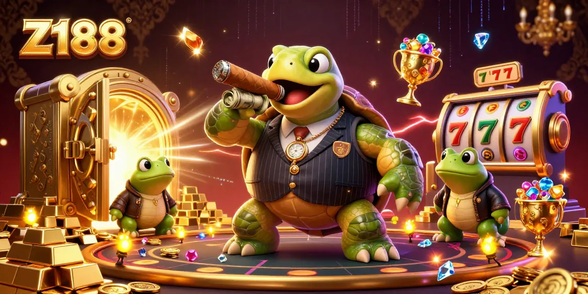 Z188 casino adventure featuring a snapping turtle and bullfrogs amidst gold and jackpots.