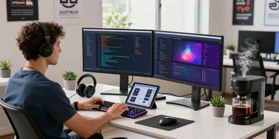 Developer focusing on NAGA2000 software in a dynamic workspace with vibrant coding displays.