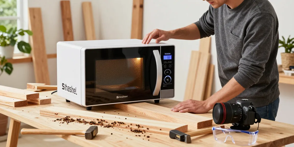 Shashel microwave treatment device used for eco-friendly woodworm removal in a cozy workshop.