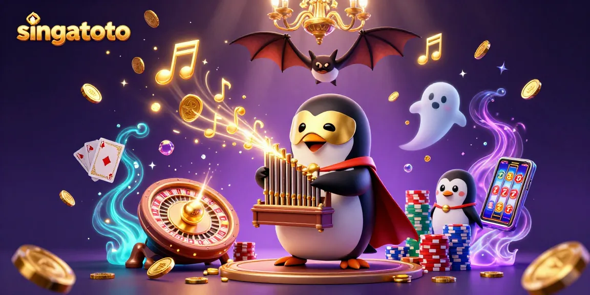 Experience exciting wins with singatoto in a vibrant casino-themed 3D illustration featuring games and characters.