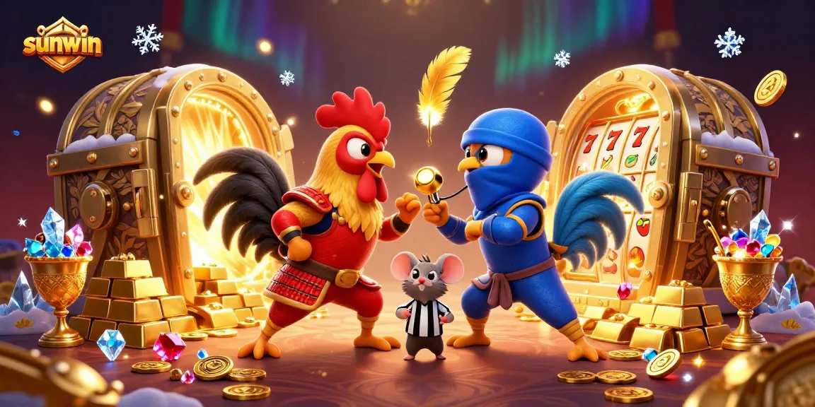 Experience the excitement of sunwin with epic rooster fighters amidst dazzling casino treasures.