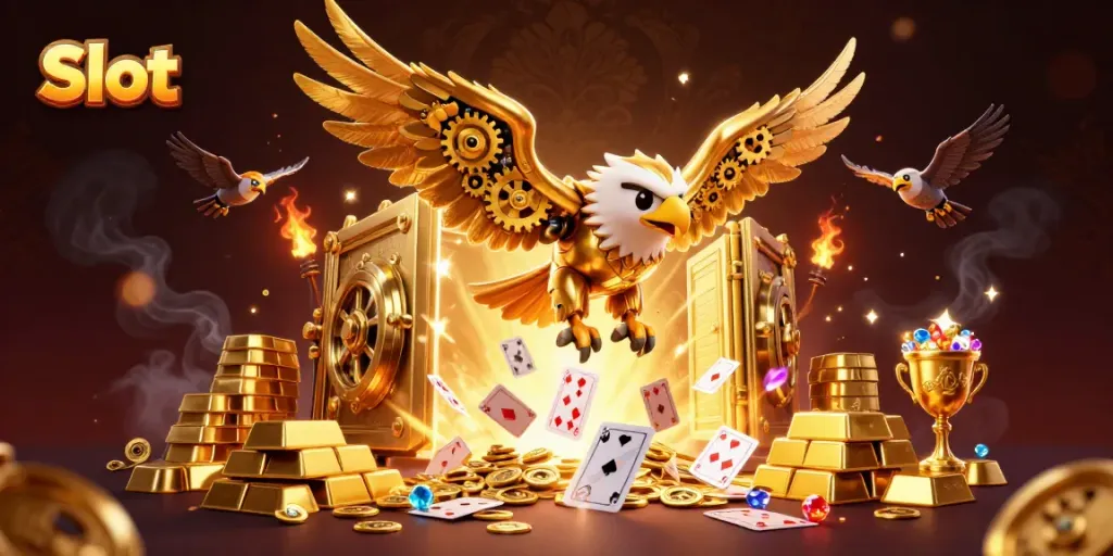 Permainan Slot dengan elang emas elit terbang melalui kartu holografik dan harta karun