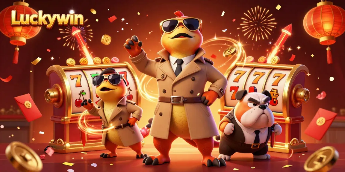 Luckywin casino scene with raptors in trench coat at VIP lounge amidst energetic elements and festive atmosphere.