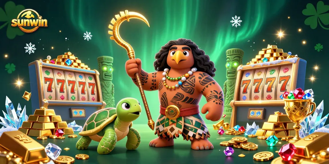 Sunwin casino experience with a Maui-style demigod and vibrant slot reels in rich 3D illustration.