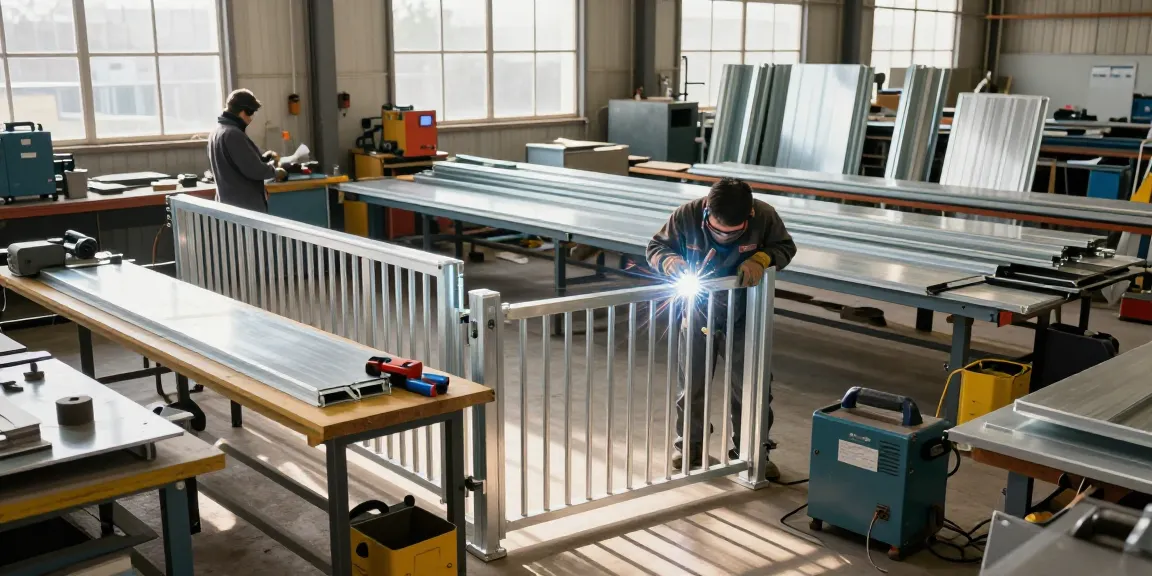 Artisans engaged in aluminium fabrication in a bright workshop, showcasing quality workmanship.