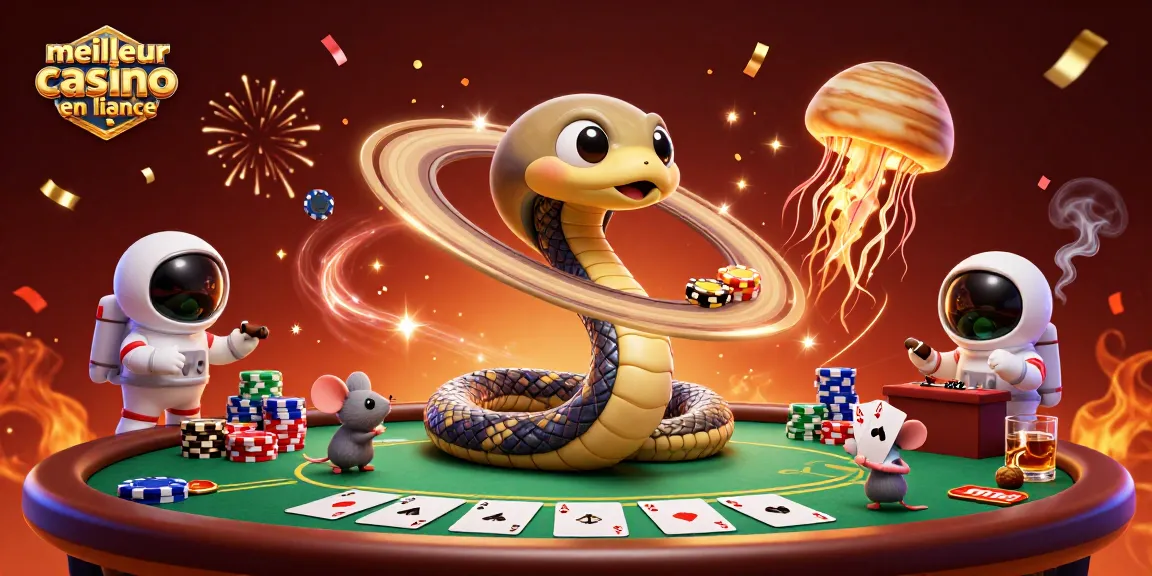 Illustration vibrante d'un serpent de Saturne enroulé autour d'une roulette, représentant le meilleur casino en ligne France.