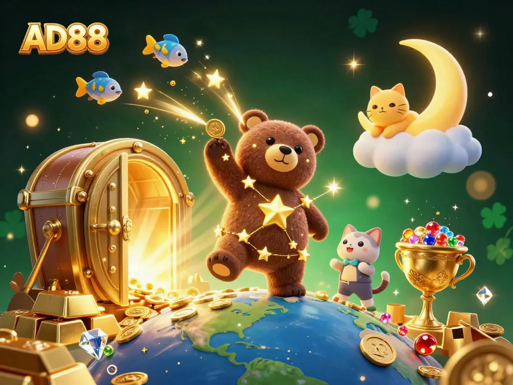 Experience the enchanting AD88 universe, where cartoon characters scoop coins and gems in a vibrant casino world.