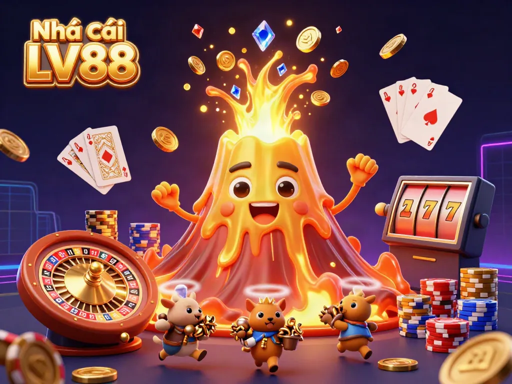 Experience the thrill of Nhà cái LV88 with a 3D golden volcano erupting treasures in this vibrant casino scene.