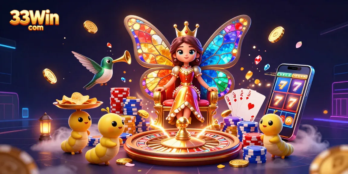 Experience vibrant gameplay at 33Win com with a dazzling 3D casino illustration featuring a butterfly queen.