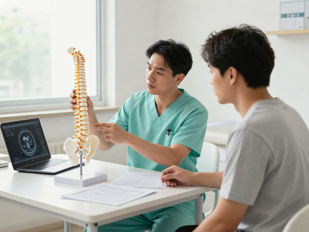 A medical consultation focusing on Bel kayması ameliyatı, with a doctor explaining spondylolisthesis treatment options to a patient.