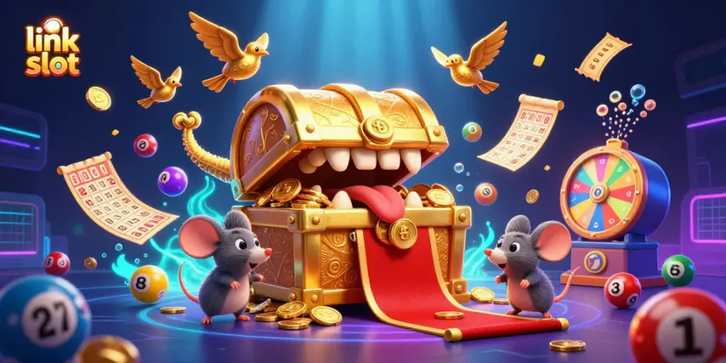 Experience the thrill of winning with link slot games, featuring vibrant lottery balls and captivating casino elements.