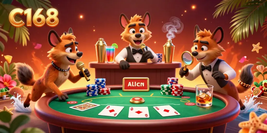 C168's vibrant comedy casino scene with hyenas in action: comedian on mic, bartender with drinks, bouncer, poker elements.