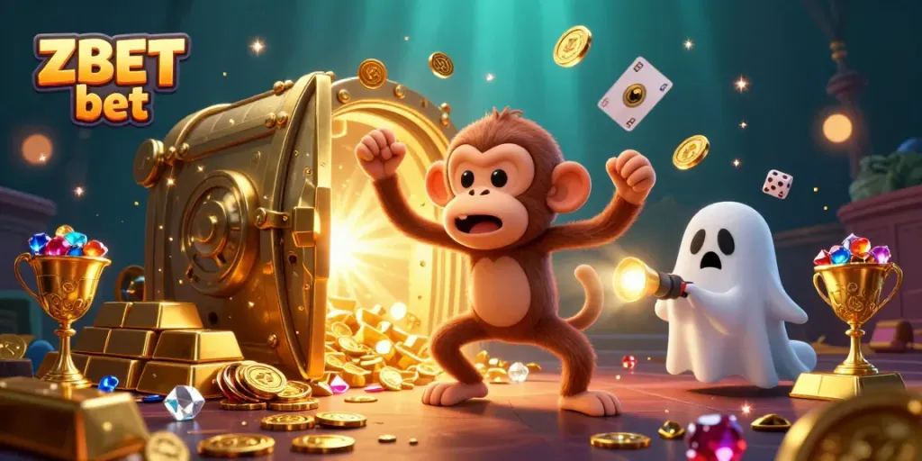 Experience ZBET bet with a mischievous monkey juggling golden casino treasures as a curious puppy tracks it.