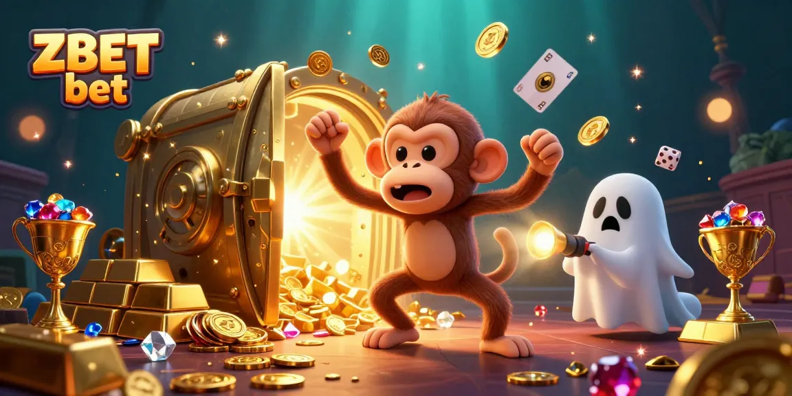 Experience ZBET bet with a mischievous monkey juggling golden casino treasures as a curious puppy tracks it.