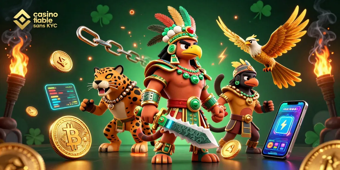 Casino fiable sans KYC : illustration dynamique avec guerriers Aztec et éléments crypto.