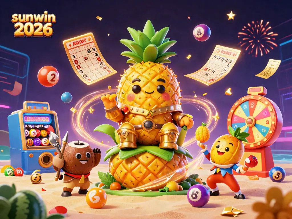 Engaging scene depicting sunwin 2026 with vibrant prize elements and a golden pineapple king in a casino setting.