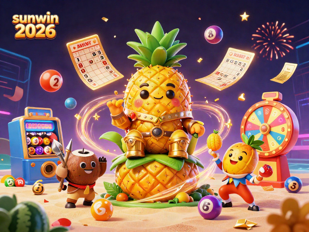 Engaging scene depicting sunwin 2026 with vibrant prize elements and a golden pineapple king in a casino setting.