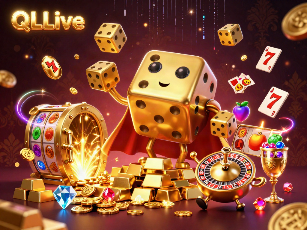 Experience the thrill of QQLive with a vibrant casino scene featuring golden dice and slot reels.