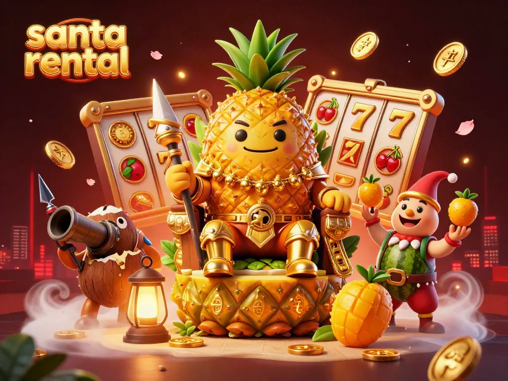 Experience the magic of santa rental with a vibrant beach casino scene featuring a golden pineapple king.