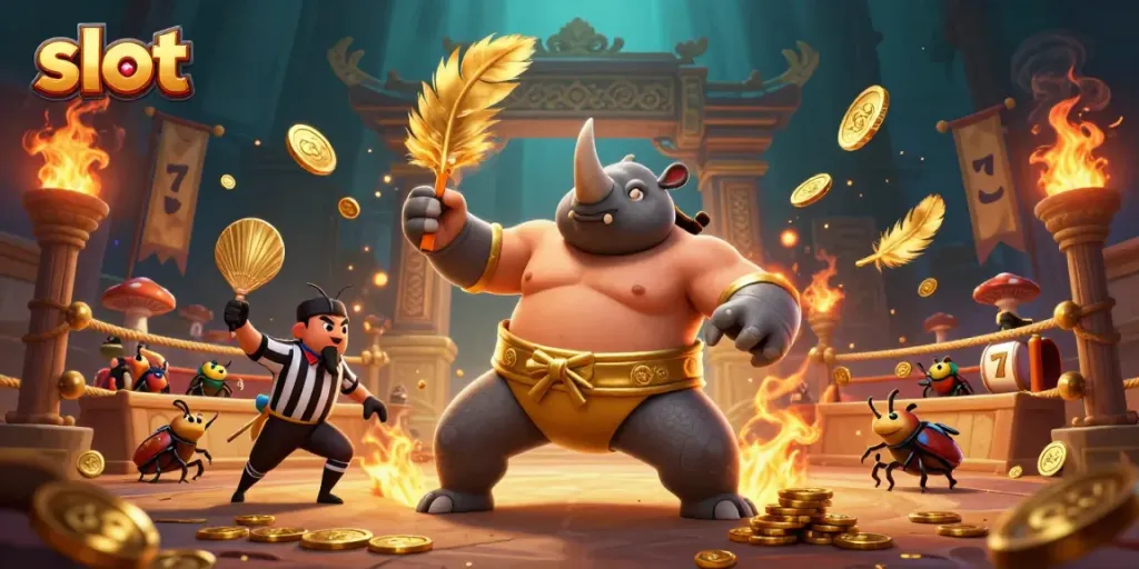 Experience thrilling slot action with a powerful rhinoceros beetle champion surrounded by flying coins.