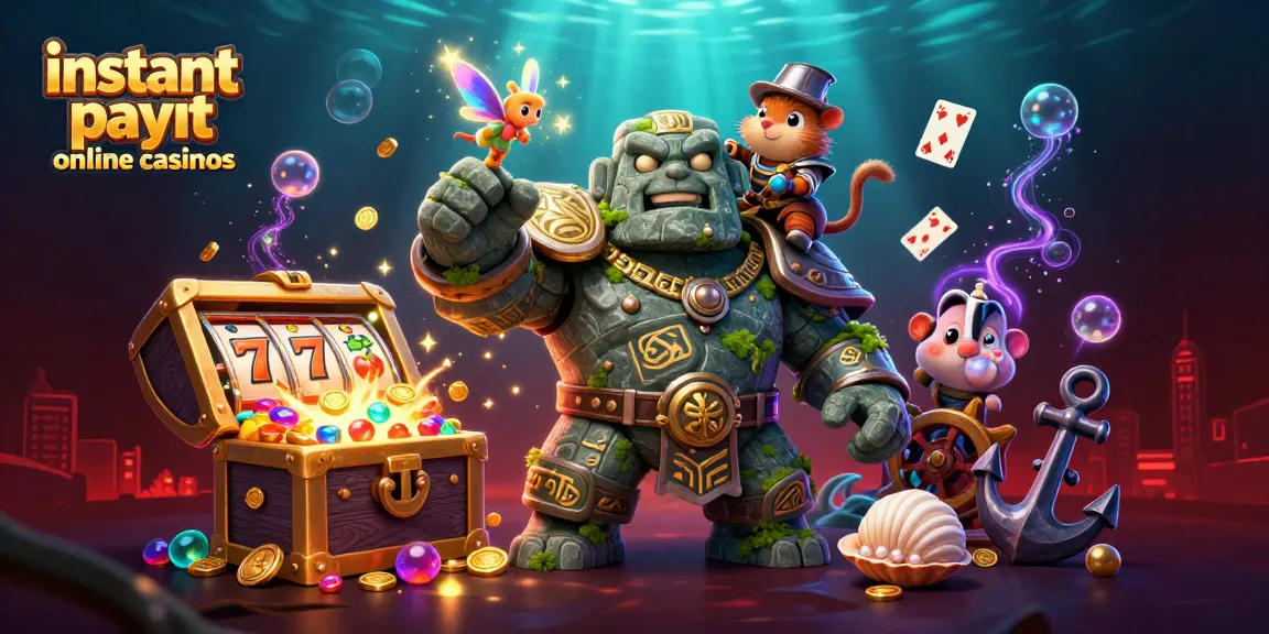 Experience instant payout online casinos with a magical scene featuring a golem guardian, fairy, and hamster knight.