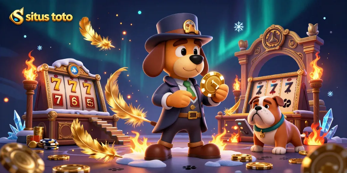 Engage with situs toto in this vibrant scene where a detective and bulldog uncover treasures in a casino.
